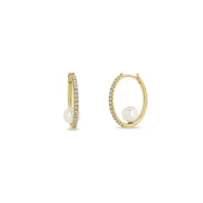 14k Nested Pearl Large Pavé Diamond Hinge Huggie Hoops