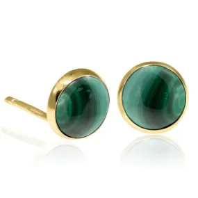 14K Yellow Gold Round Green Malachite 12mm Stud Earrings