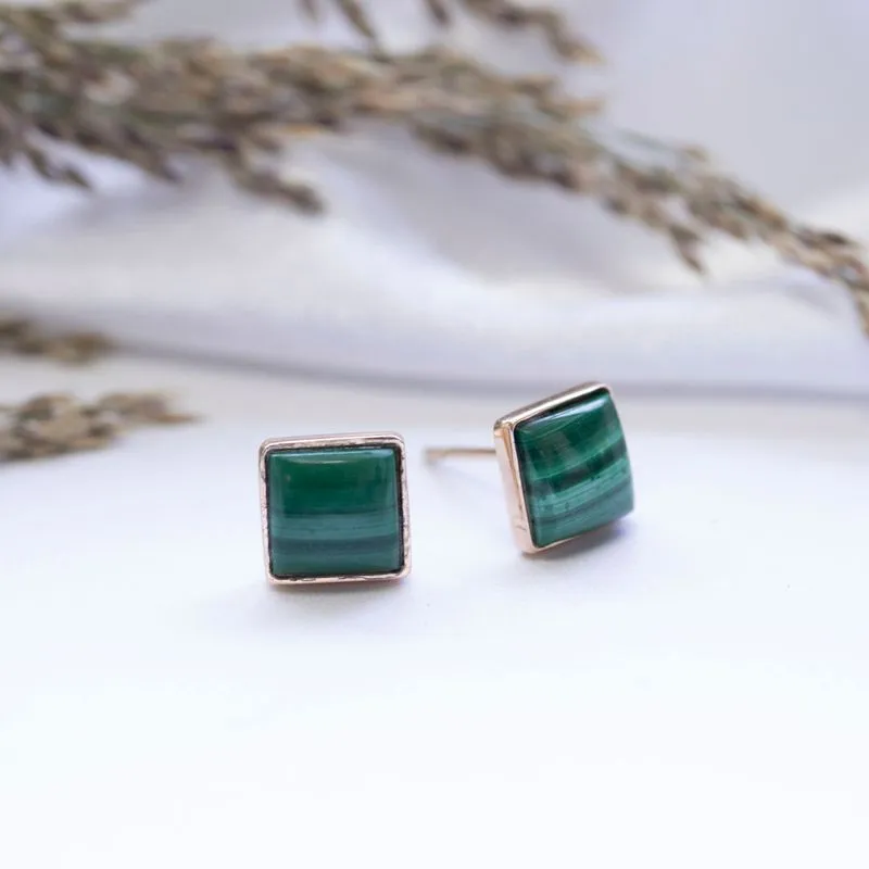 14K Yellow Gold Square Green Malachite 6X6mm Stud Earrings