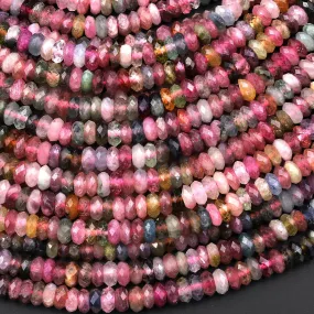 AA Natural Multicolor Watermelon Tourmaline Micro Faceted 5mm Thin Rondelle Beads Pink Green Blue Gemstone 15.5" Strand