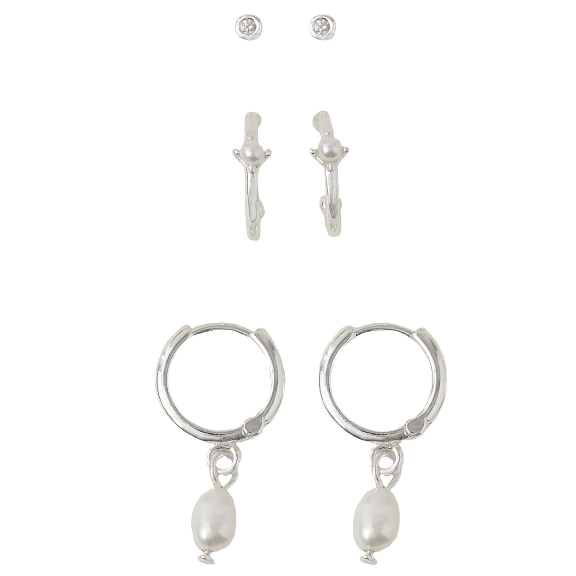 Accessorize London Women's Silver-Plated Cubic Zirconia Pearl Stud And Hoop Earrings Set Of Three