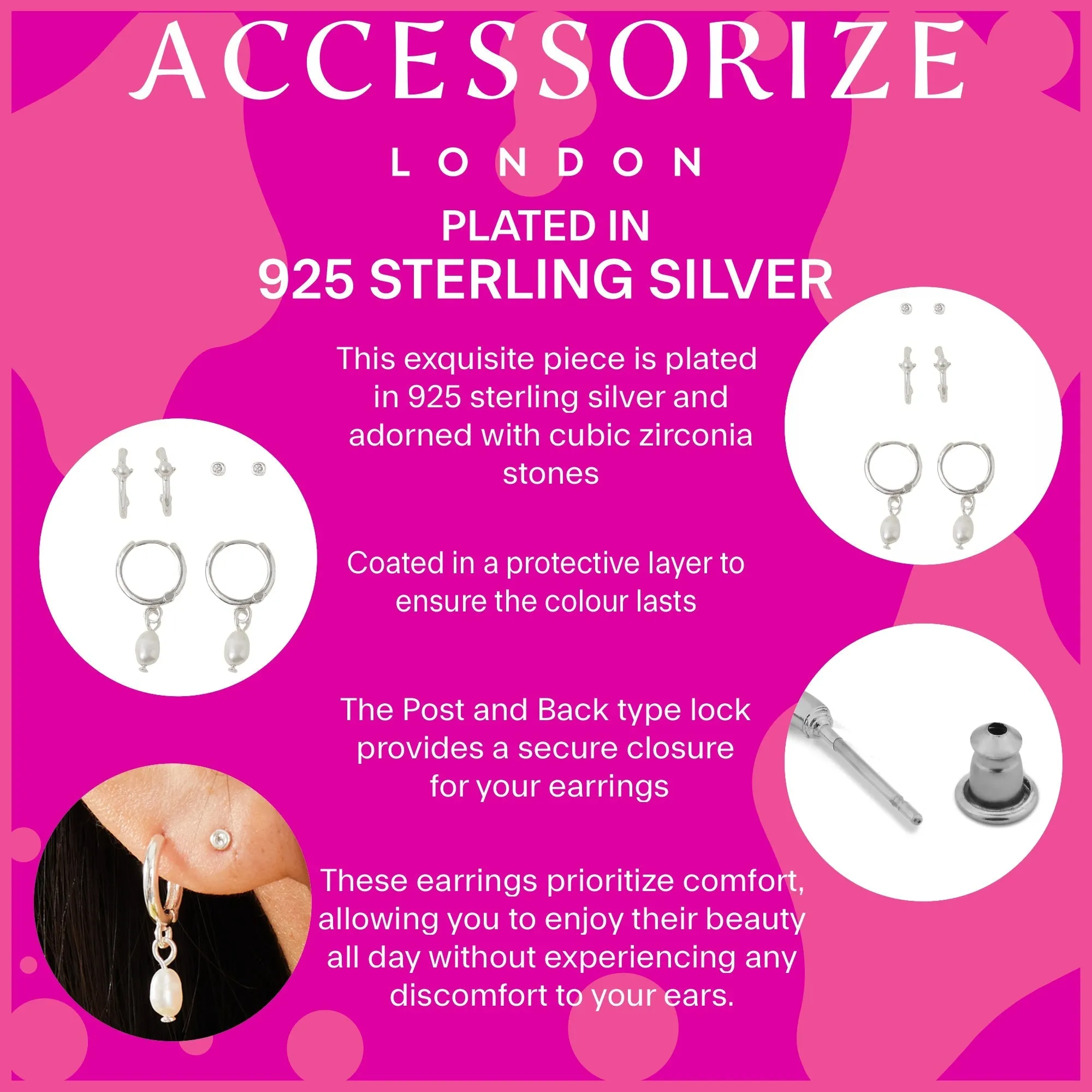 Accessorize London Women's Silver-Plated Cubic Zirconia Pearl Stud And Hoop Earrings Set Of Three