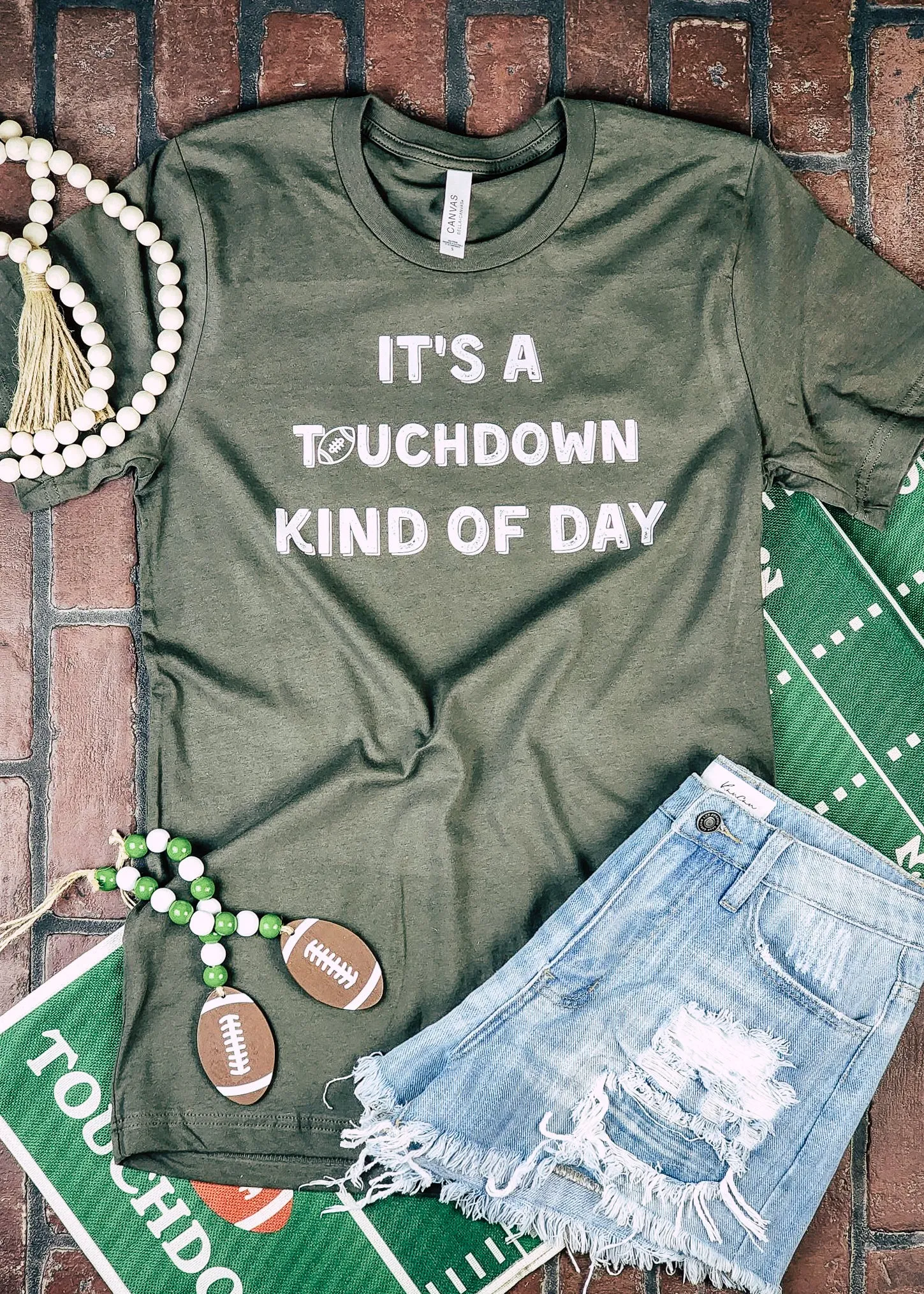 Army Green Touchdown Kind Of Day Short Sleeve Graphic Tee