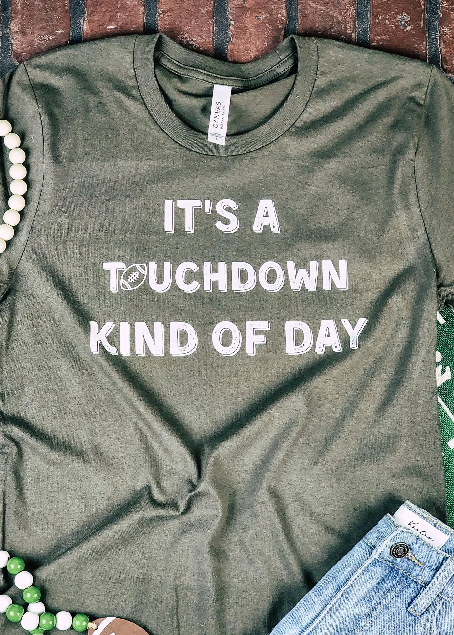 Army Green Touchdown Kind Of Day Short Sleeve Graphic Tee