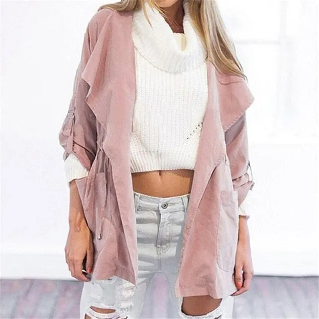 Autumn Women's Casual Hooded Windbreaker Coat Turndown Collar Overcoat Outerwear Coat Solid Color Trench Belt Slim Tops Coat