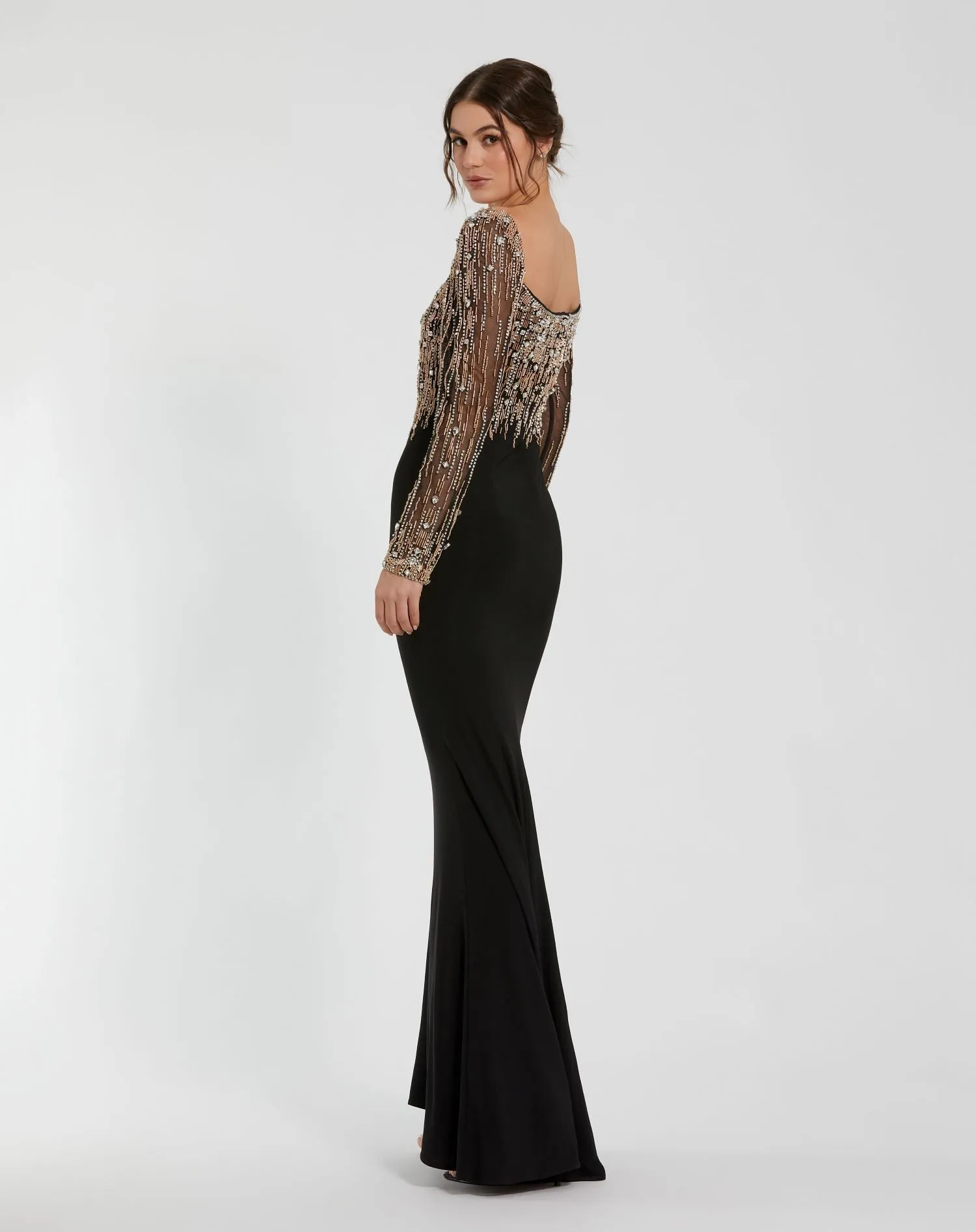 Beaded Square Neck Long Sleeve Jersey Gown