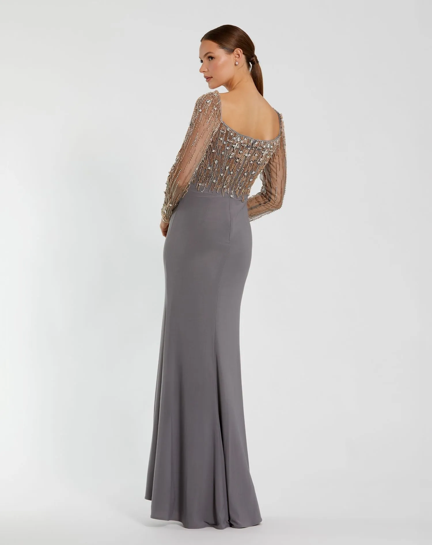 Beaded Square Neck Long Sleeve Jersey Gown