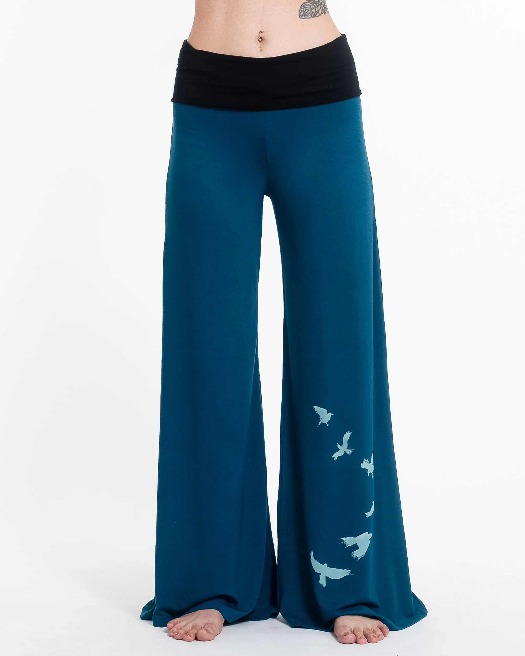 Birds Print Wide Leg Palazzo Harem Pants Cotton Spandex in Turquoise