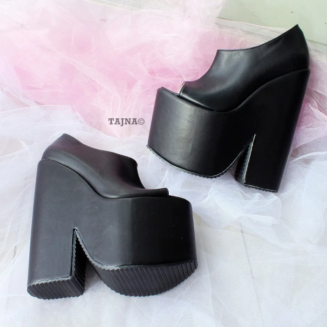 Black Peep Toe High Heel Wedge Platform Ankle Booties