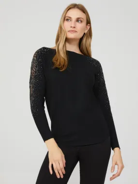 Boat Neck Sweater With Embellished Sleeves