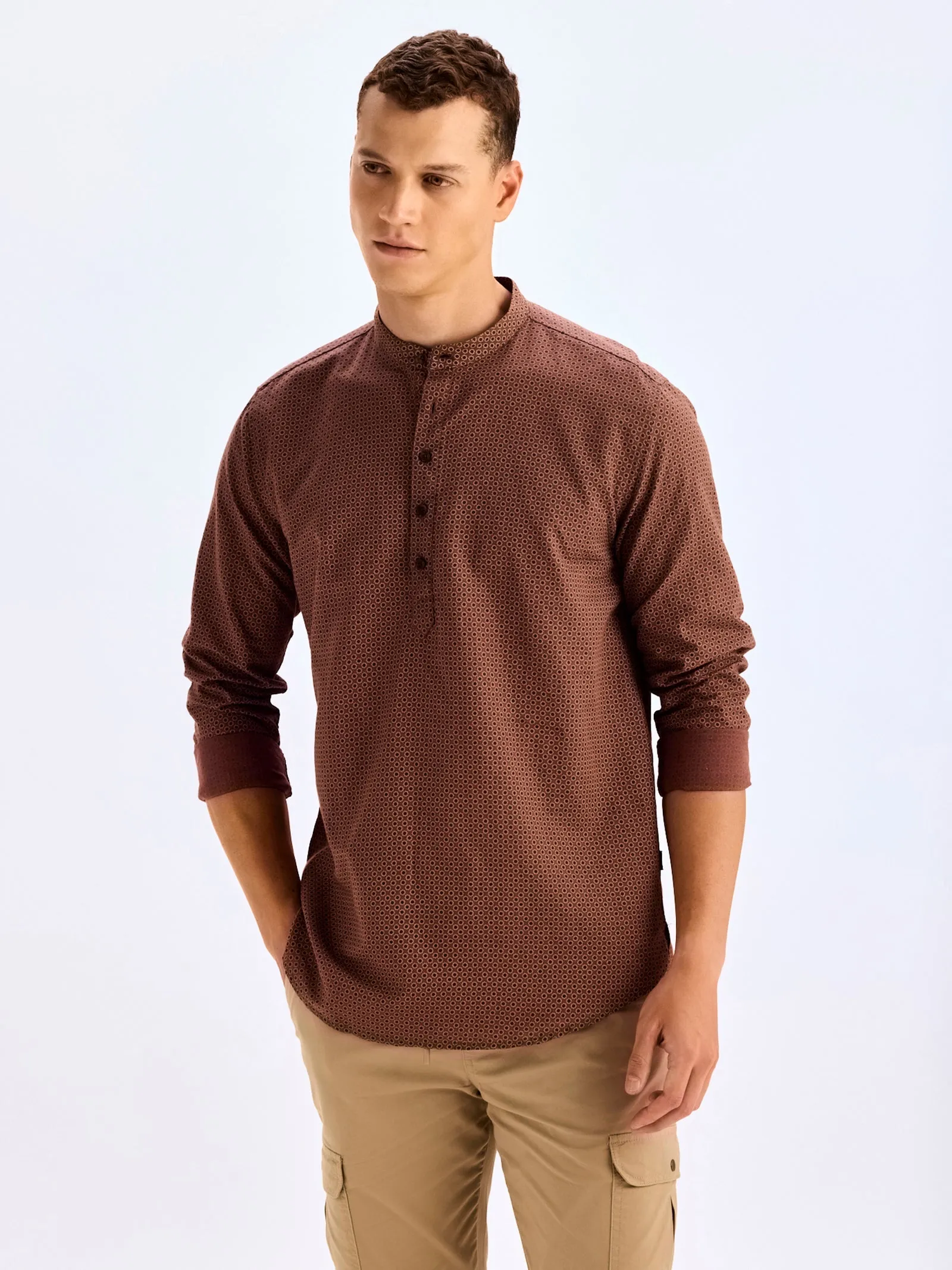 Brown Printed Linen Kurta