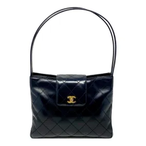 Chanel Vintage Black Lambskin Quilted Square Double Strap Shoulder Bag Tote 99P