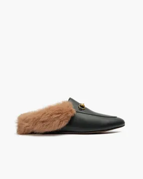 (Clean Up - US 6.5) Classic Metal Buckle Backless Fur Flat Slippers Mules