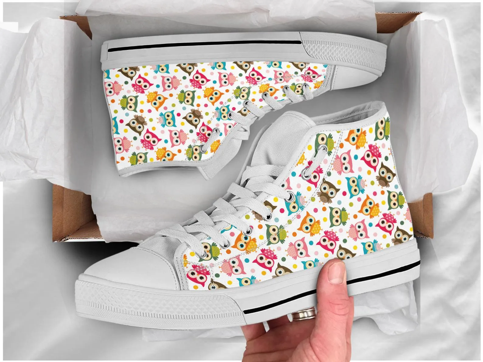 Cute Owl Shoes Owl Sneakers Owl  Print Pattern Cute Shoes Owl Lover Gifts Custom High Top Converse Style Sneakers For Adults Women & Men