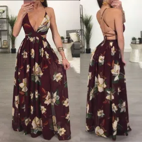 Deep V-Neck Backless Floral Maxi Dress