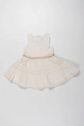 Elegant Ivory Eyelet Baby Frock with Glimmering Waistband - Timeless Elegance