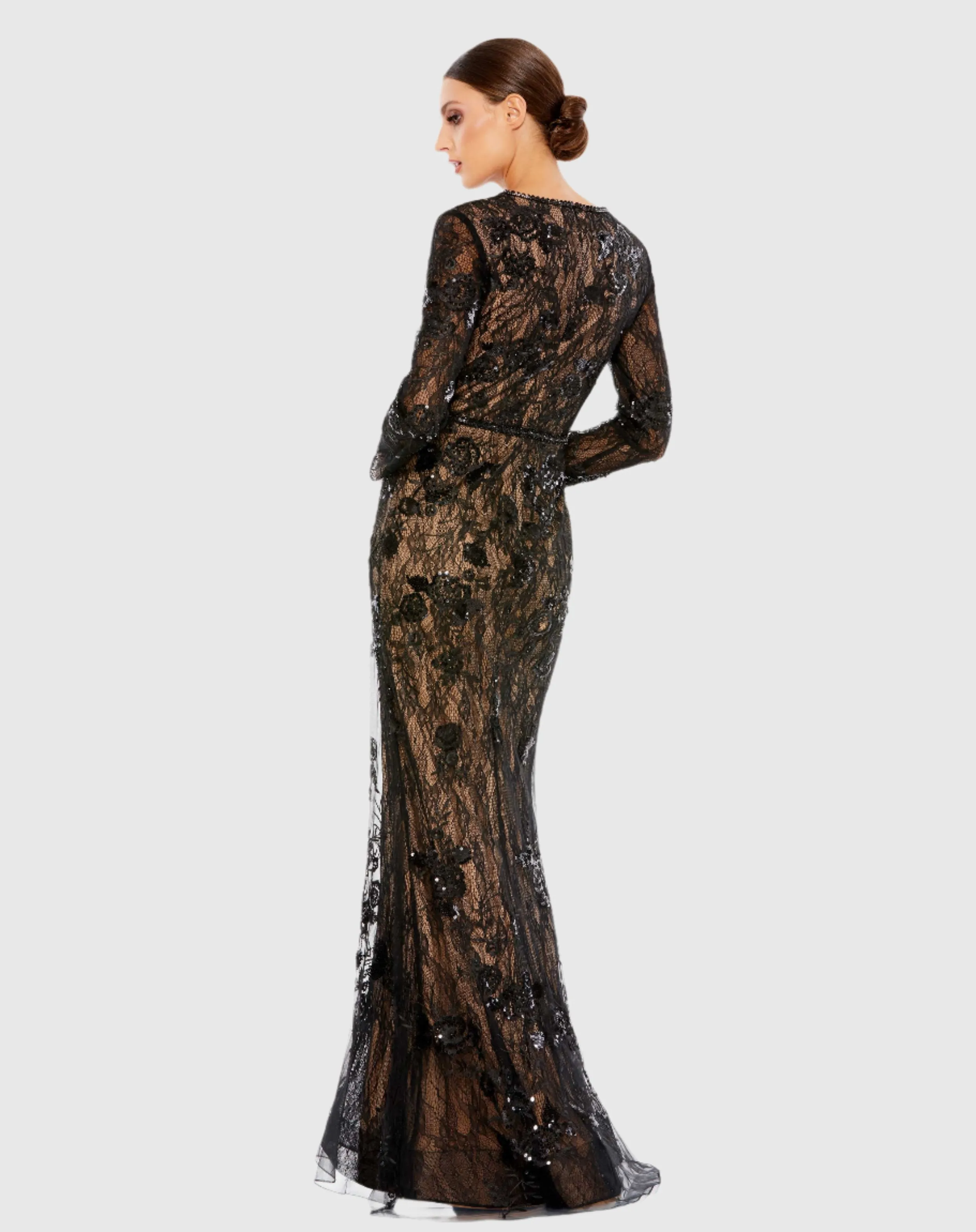 Embellished Long Sleeve Plunge Neck Trumpet Gown