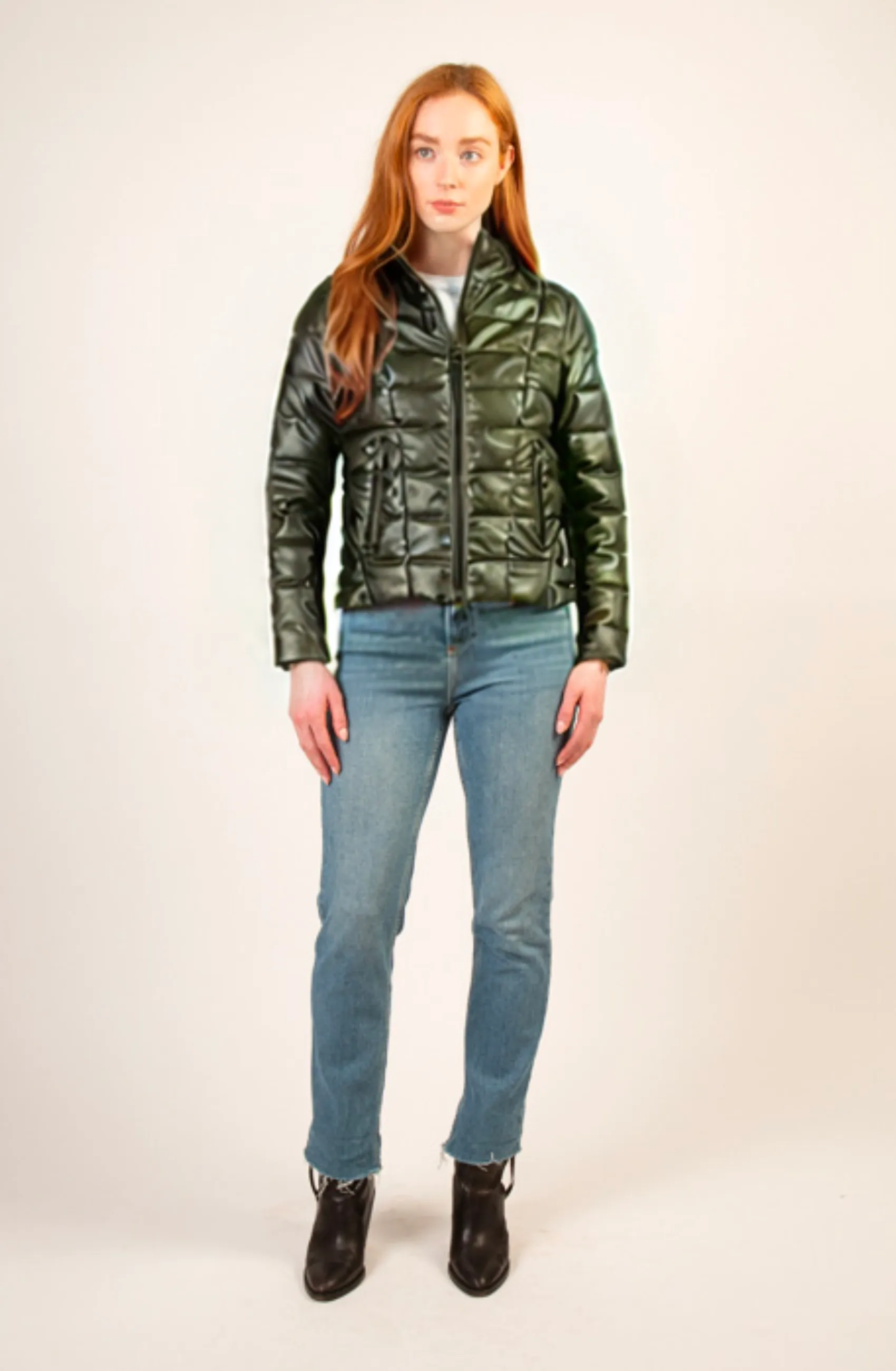 FARADAY II recycled vegan leather short puffer jacket dark green