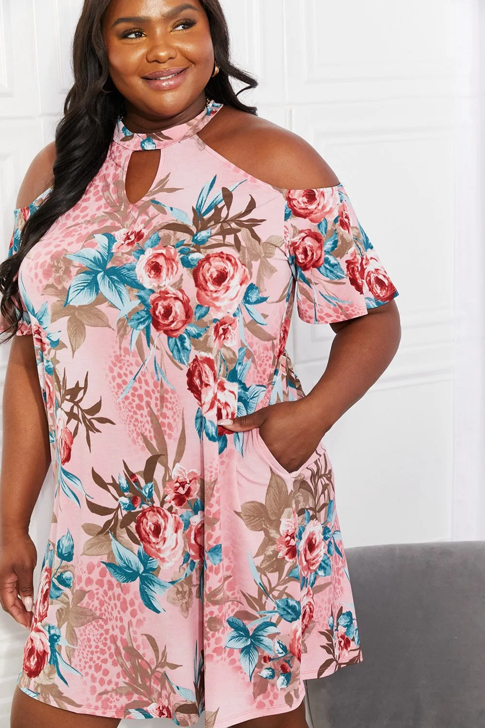 Fresh-Cut Flowers Cold-Shoulder Dress in Dusty Pink