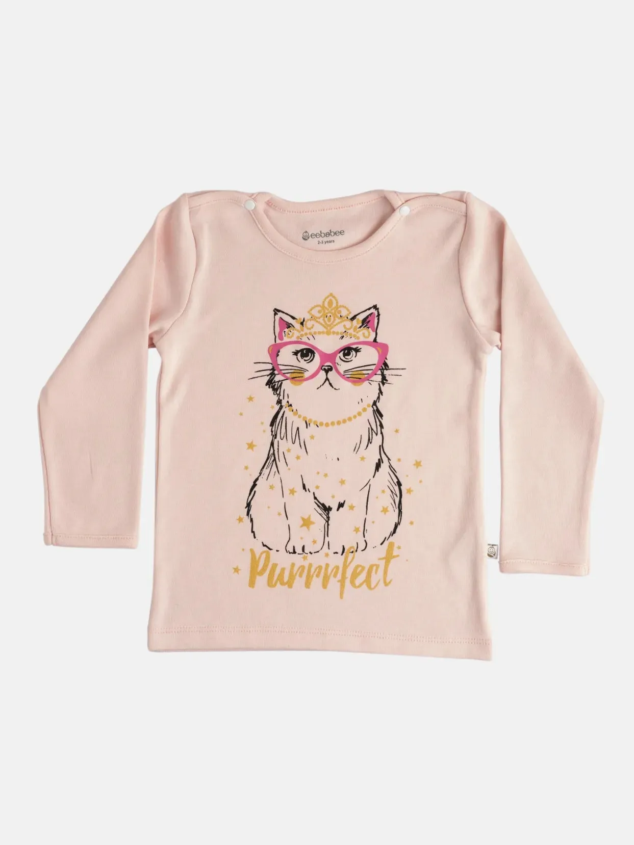 Full sleeve cute cat pattern in pink t-shirt for baby girls