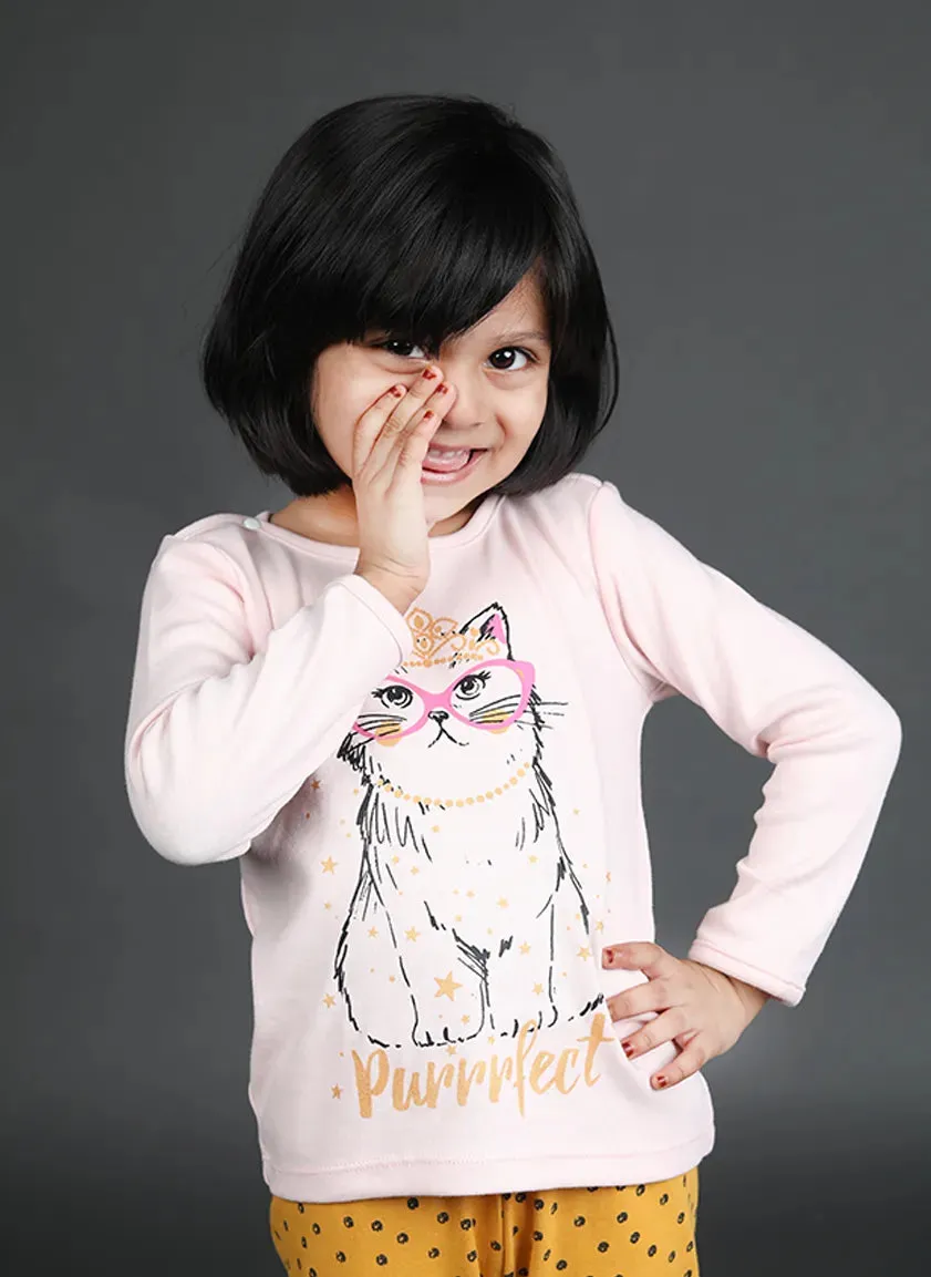 Full sleeve cute cat pattern in pink t-shirt for baby girls