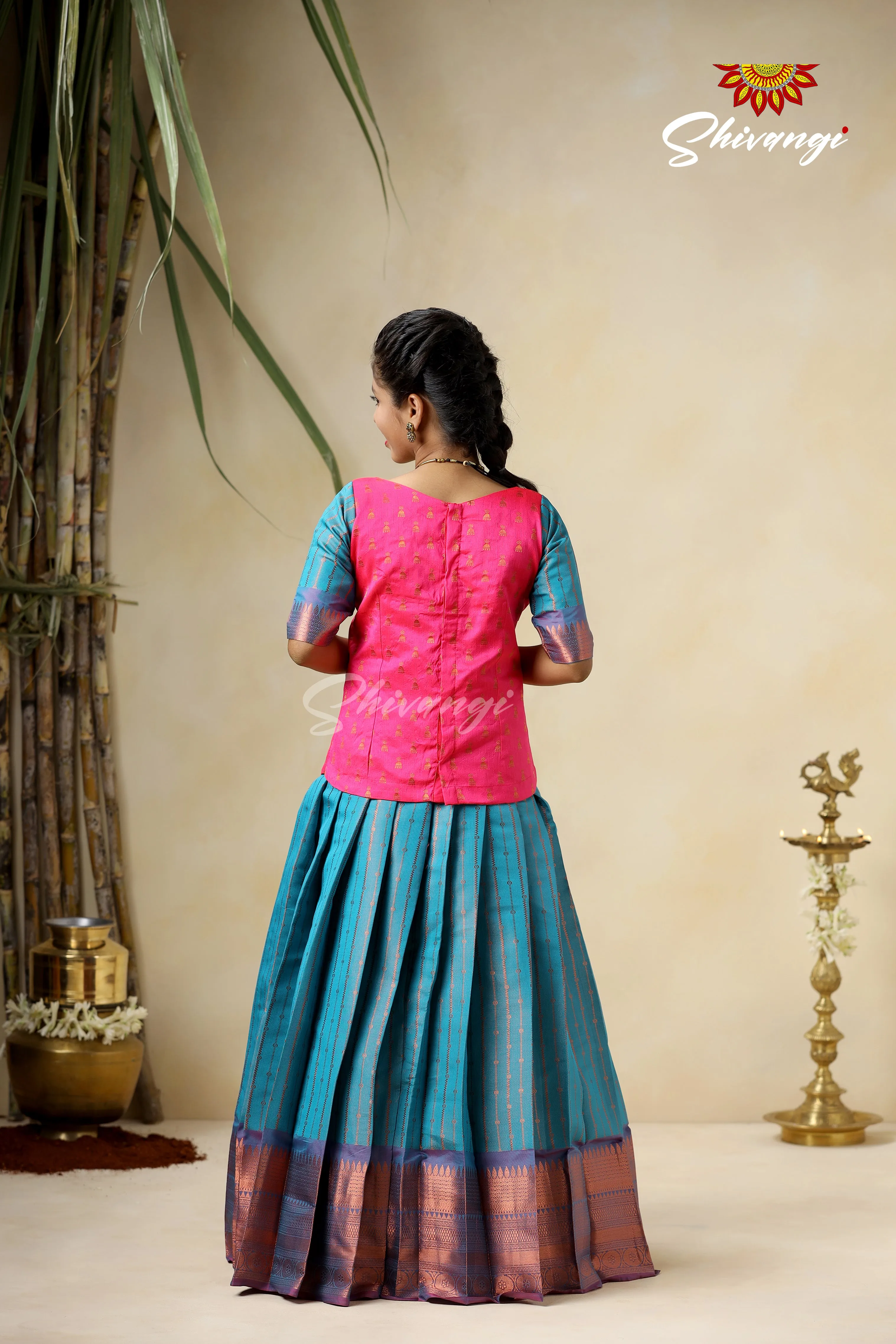 Girls Blue Copper Rail Pattu Pavadai For Girls !!!