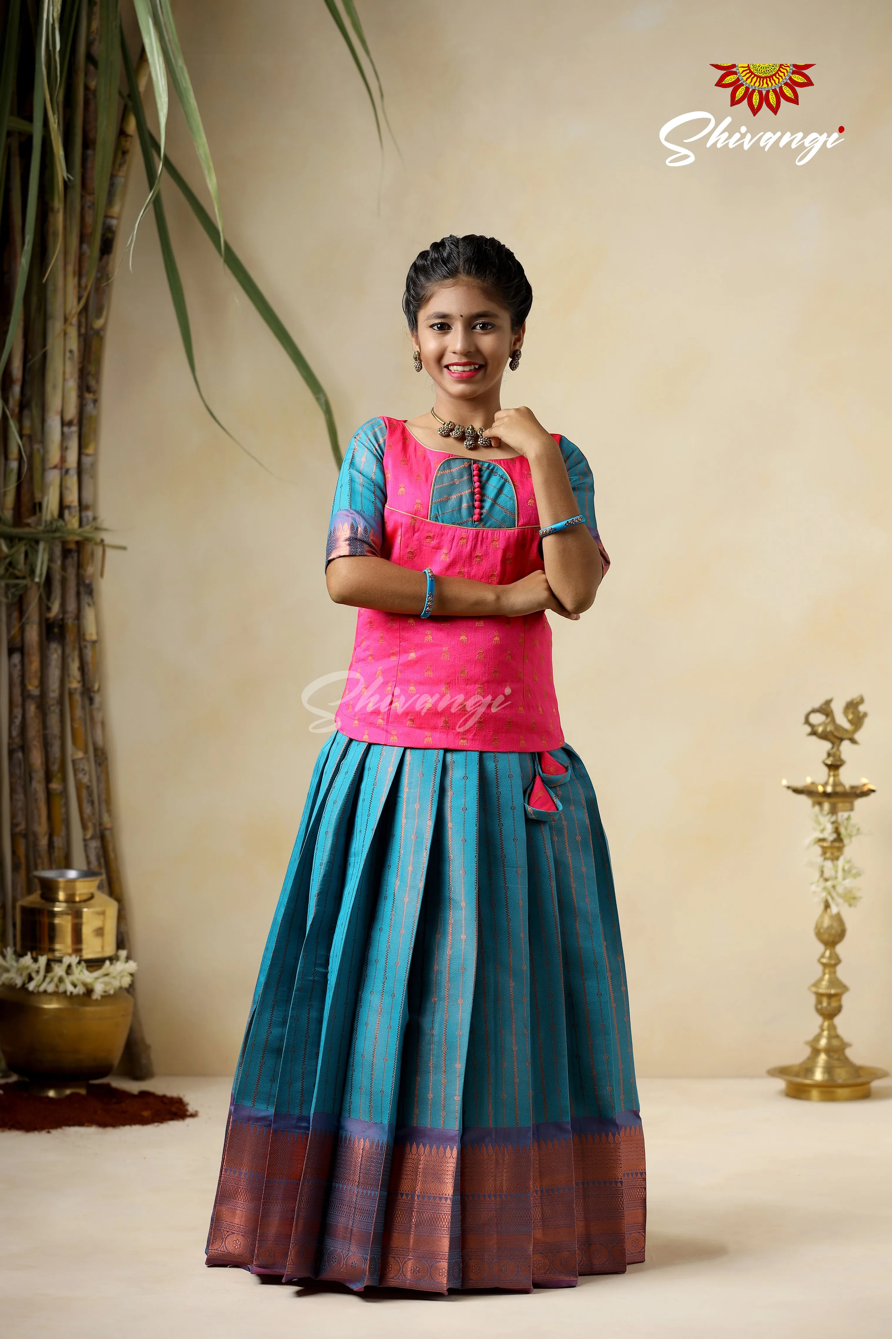 Girls Blue Copper Rail Pattu Pavadai For Girls !!!