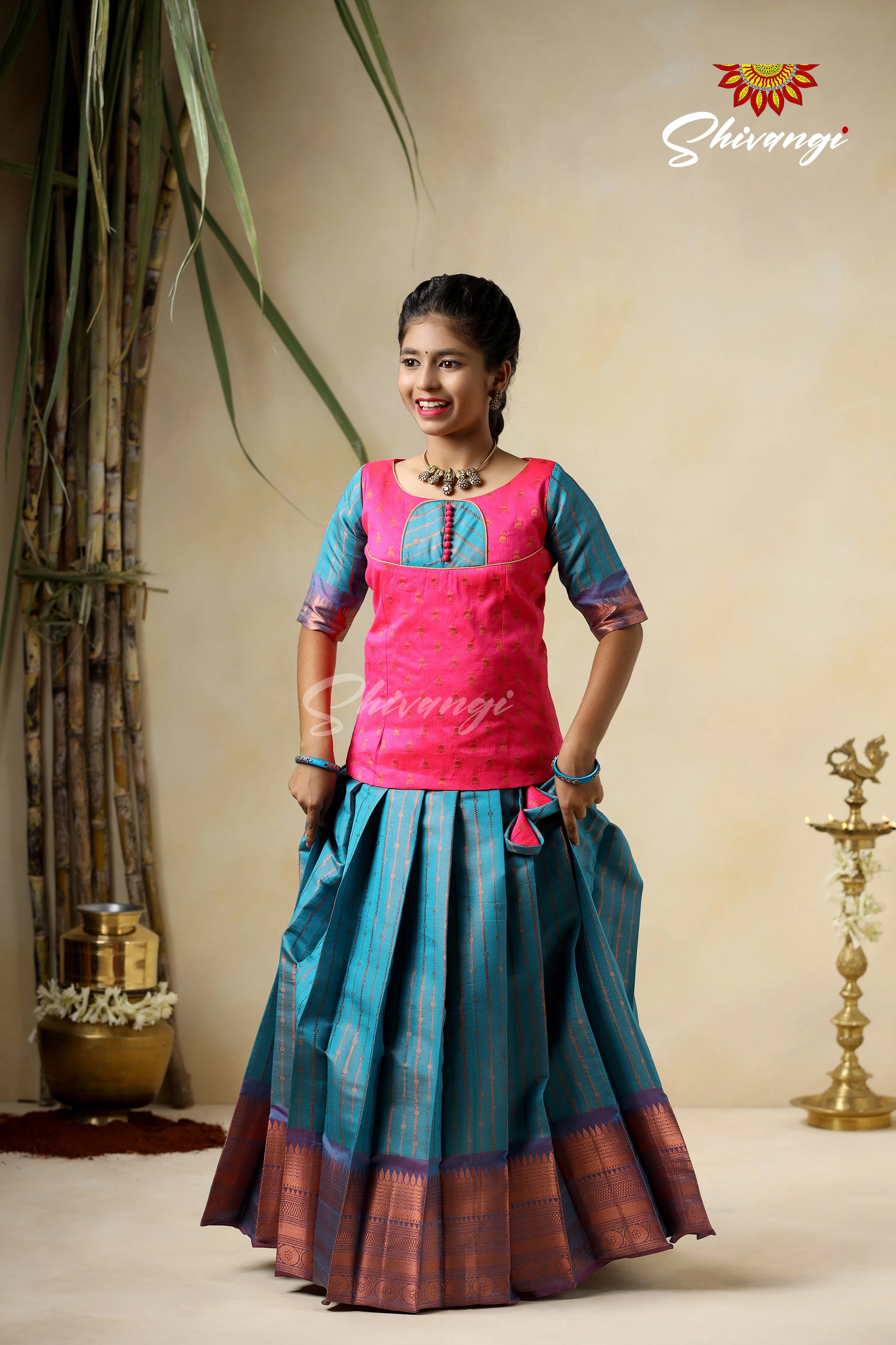 Girls Blue Copper Rail Pattu Pavadai For Girls !!!