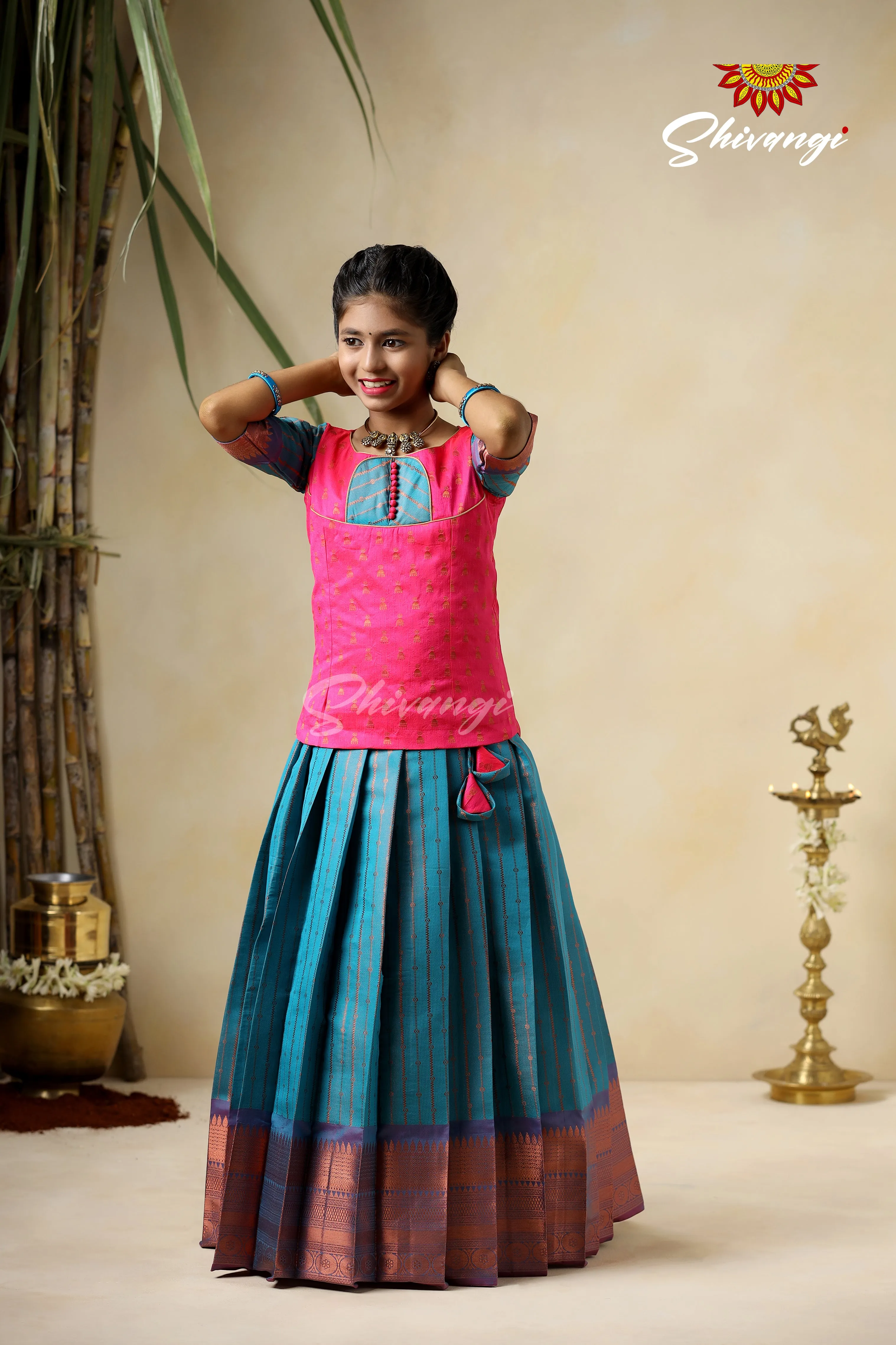 Girls Blue Copper Rail Pattu Pavadai For Girls !!!