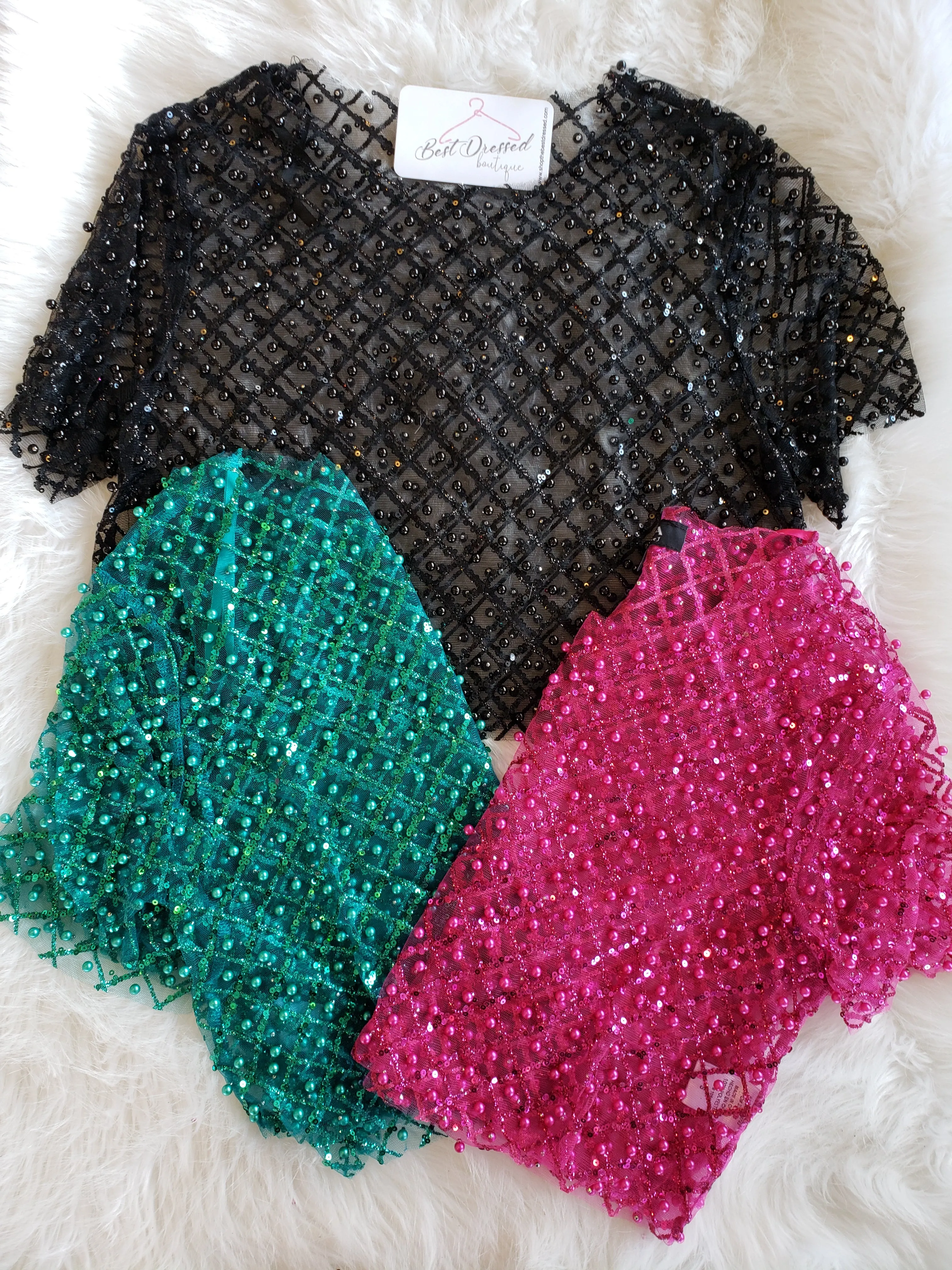 Green Sequin & Glitter Mesh Crop Top