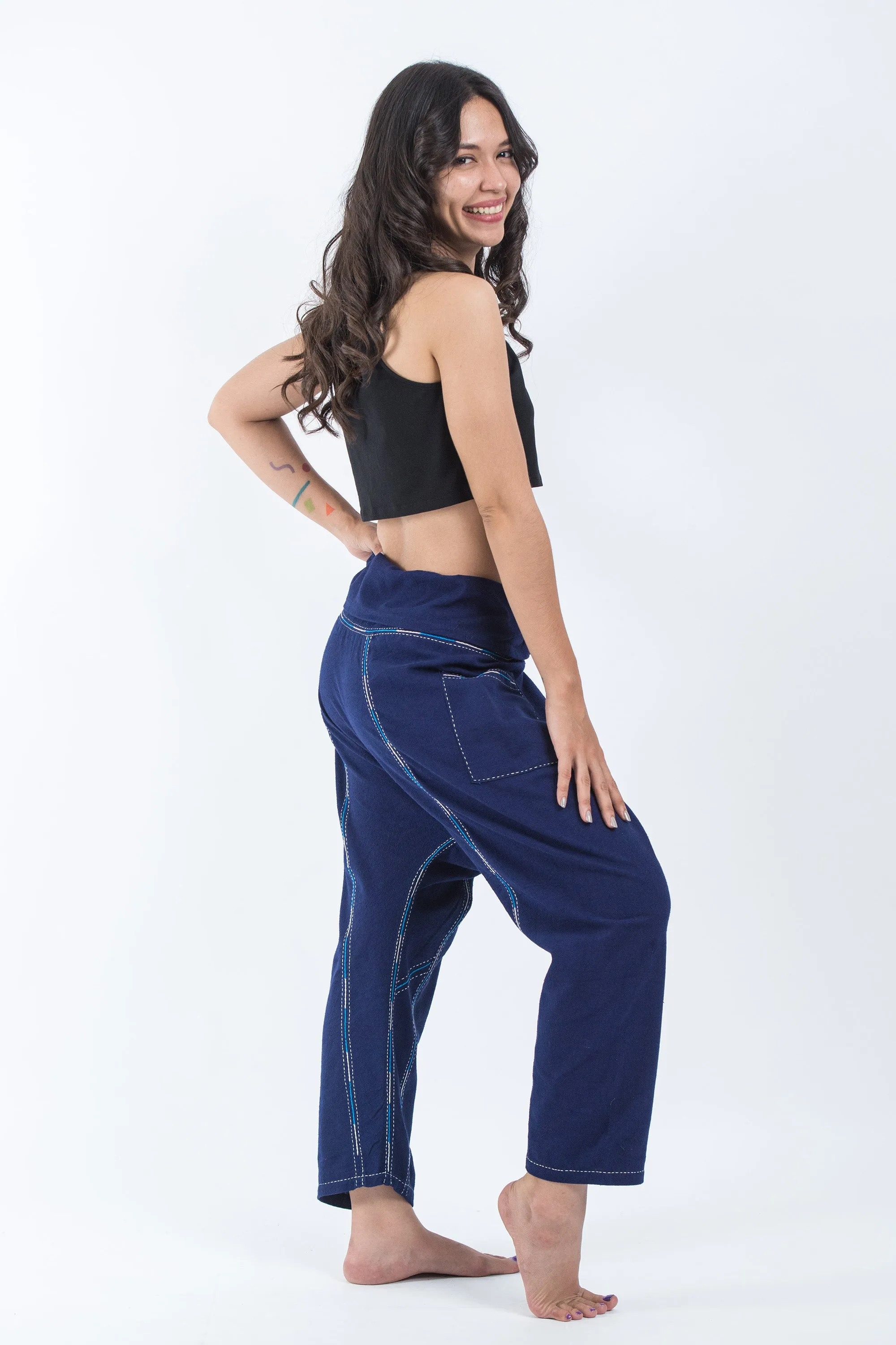 Hand Embroidered Women's Slim Cut Fisherman Pants in Navy