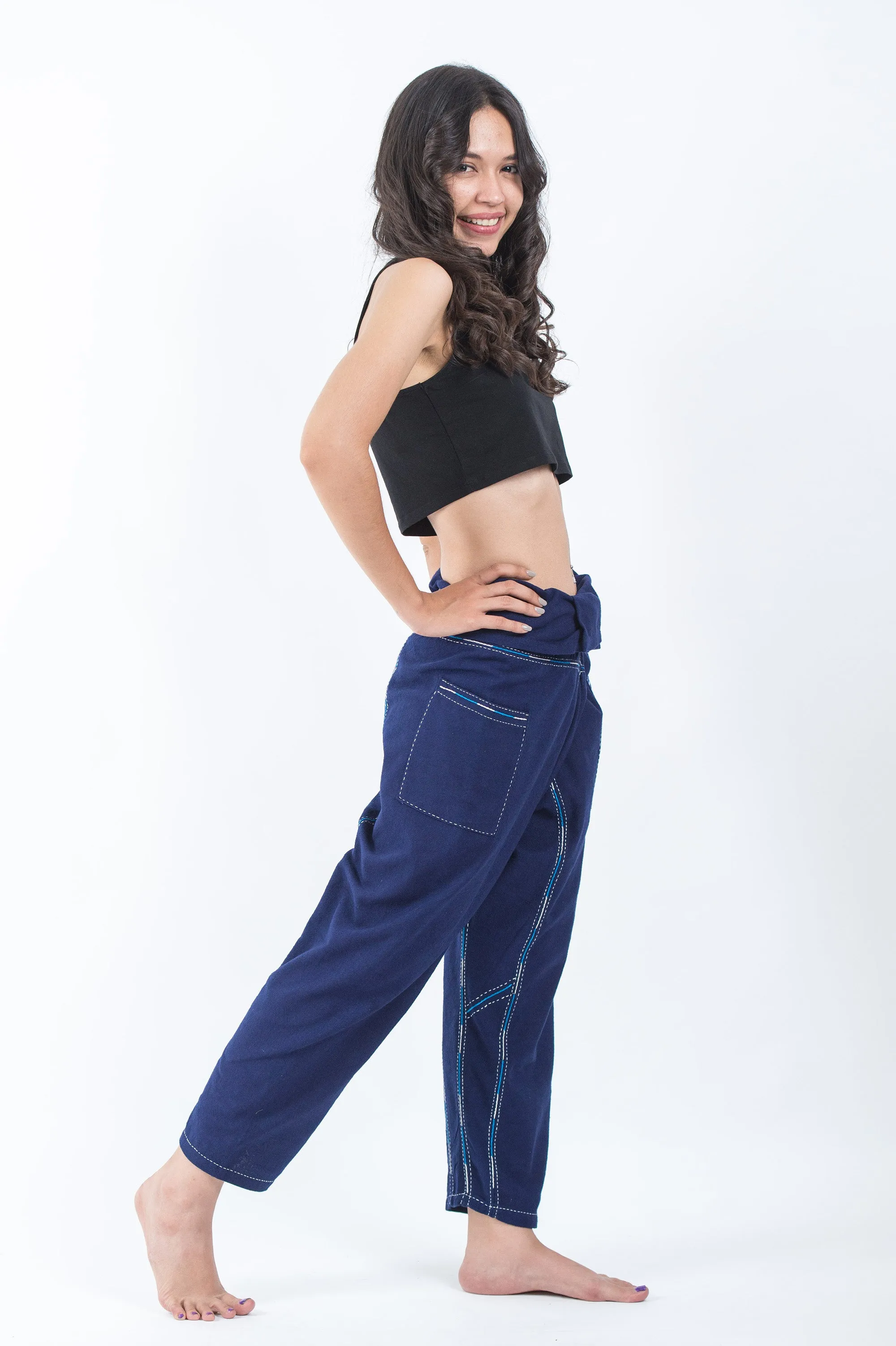 Hand Embroidered Women's Slim Cut Fisherman Pants in Navy