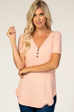 Peach Ribbed Short Sleeve Button Detail Top