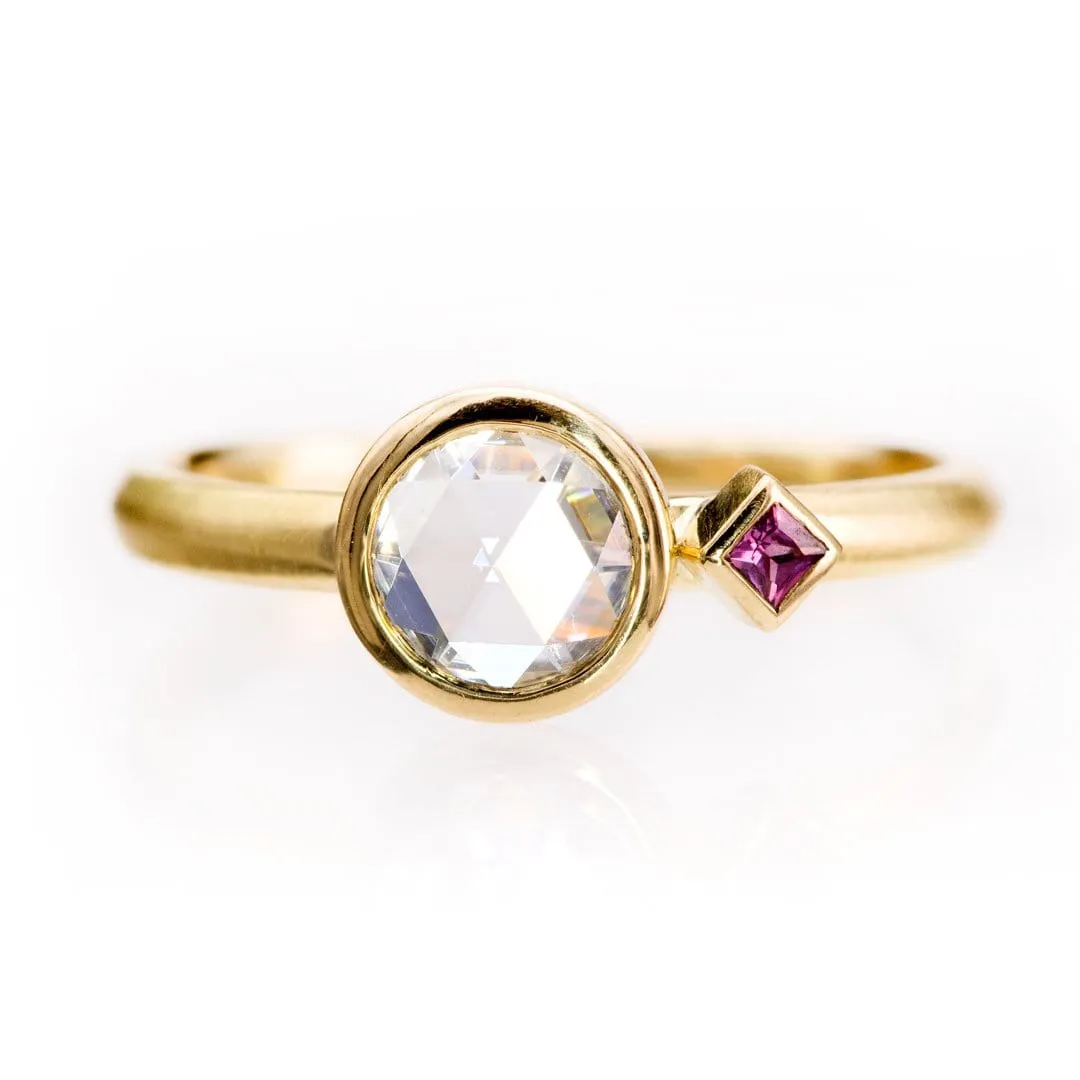 Rose Cut Moissanite & Accent Princess Ruby Bezel Set Engagement Ring