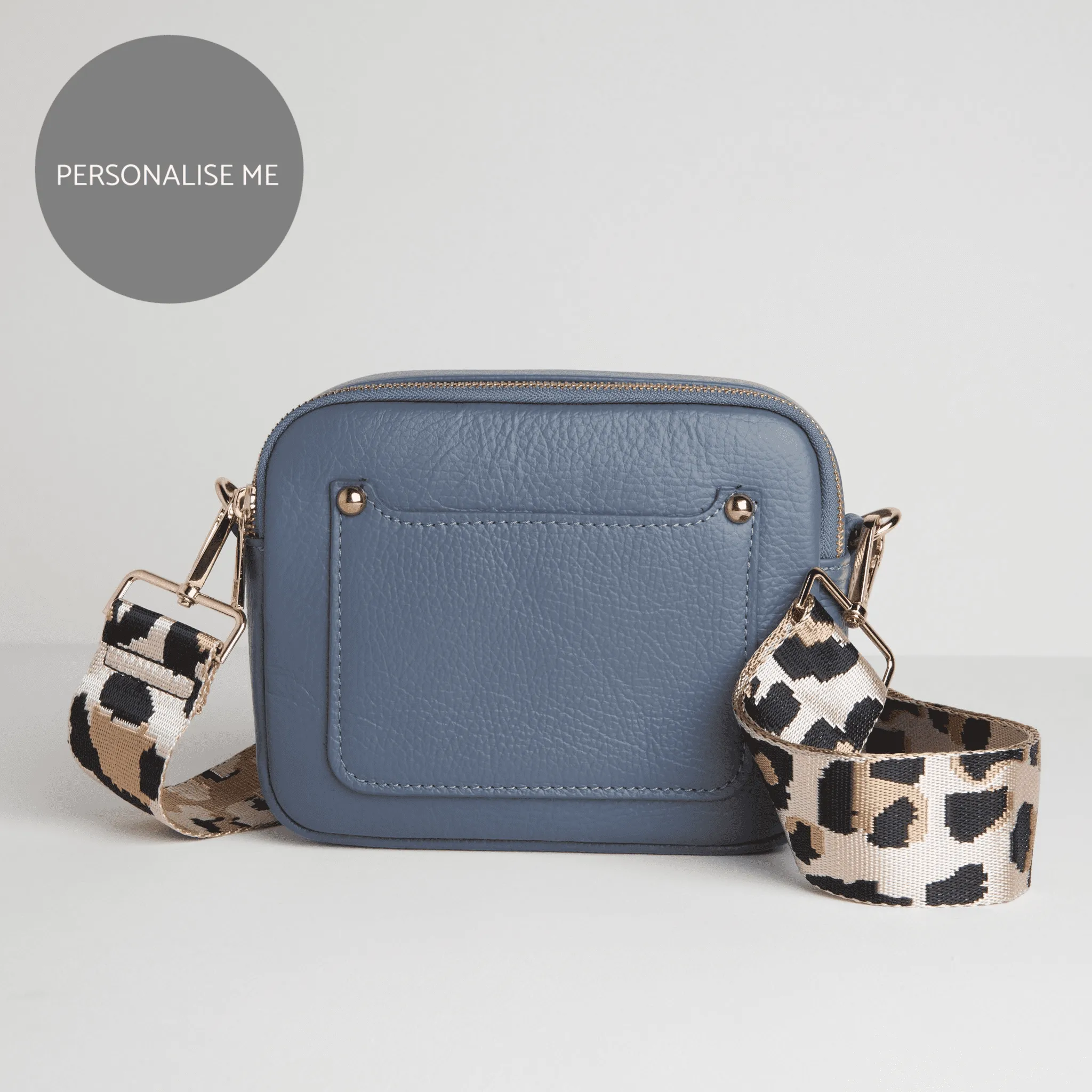 Sienna Crossbody Bag in Denim Blue with Light Pink Leopard Strap