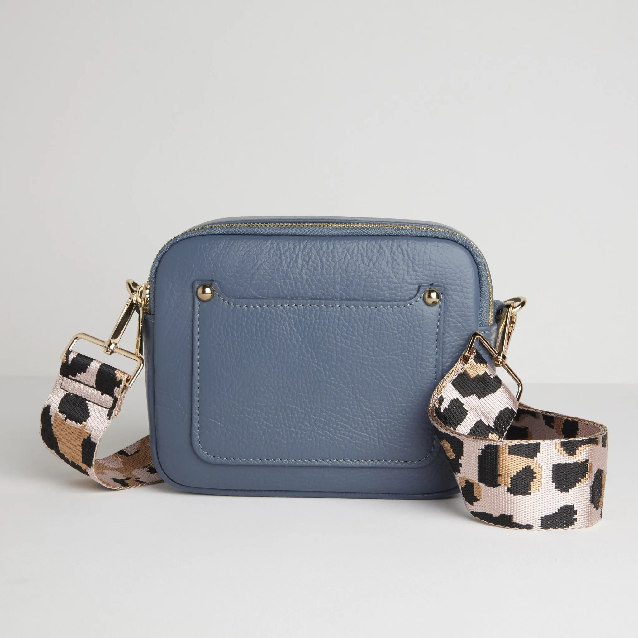 Sienna Crossbody Bag in Denim Blue with Light Pink Leopard Strap