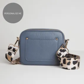 Sienna Crossbody Bag in Denim Blue with Light Pink Leopard Strap