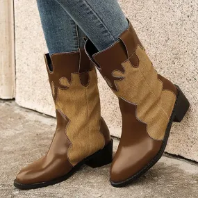 Women's Casual Retro Spliced Mid-calf Western Boots 62768101S