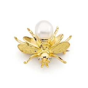 Yellow Gold Bee Brooch with Australian South Sea Pearl